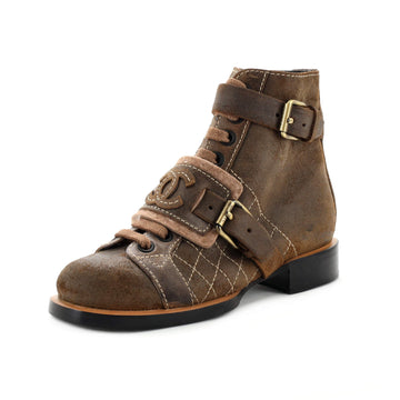 Chanel Women's CC Buckle Combat Boots Stitched Suede