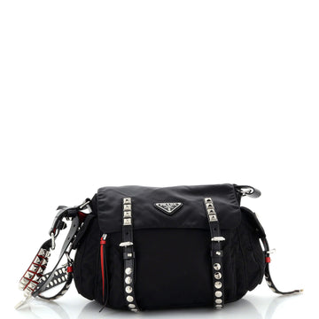 Prada New Vela Flap Messenger Bag Tessuto with Studded Leather Medium