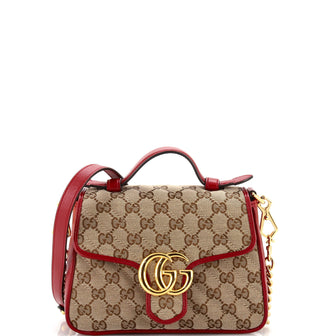 Gucci GG Marmont Top Handle Flap Bag Diagonal Quilted GG Canvas Mini
