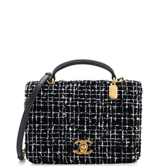 Chanel CC Top Handle Chain Full Flap Bag Quilted Tweed and Lambskin Small