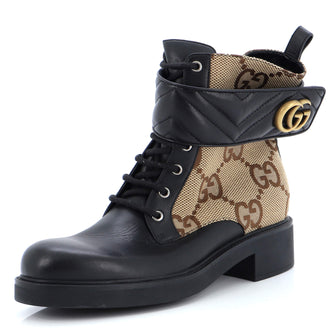 Gucci Women's GG Marmont Lace Up Ankle Boots Jumbo GG Canvas and Leather