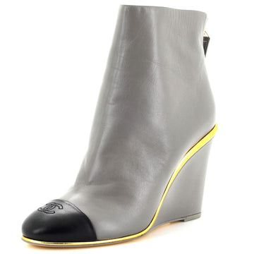 Chanel Women's CC Cap Toe Wedge Ankle Boots Leather
