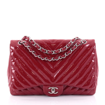 Chanel Classic Single Flap Bag Chevron Patent Jumbo Red 2519303