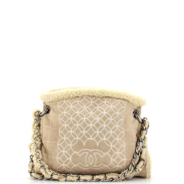 Chanel Vintage Embroidered CC Chain Tote Quilted Suede and Shearling
