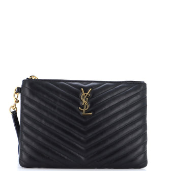 Saint Laurent Classic Monogram Wristlet Pouch Matelasse Chevron Leather Small