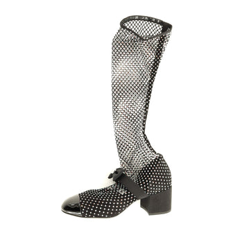 Chanel Women's Bow Cap Toe Mary Jane Boots Crystal Embellished Mesh