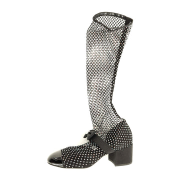 Chanel Women's Bow Cap Toe Mary Jane Boots Crystal Embellished Mesh