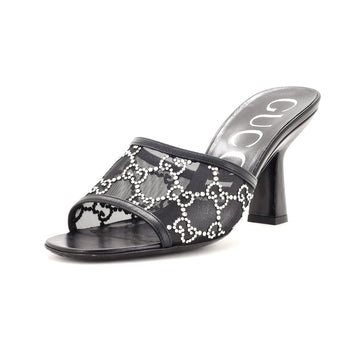 Gucci Women's Heeled Mule Sandals Crystal GG Embellished Mesh