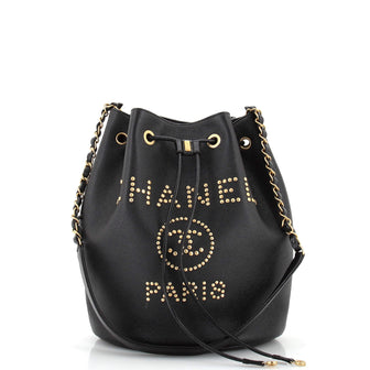 Chanel Deauville Drawstring Bucket Bag Studded Caviar Medium