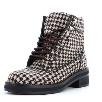 Chanel Women's Lace Up Combat Boots Houndstooth Tweed
