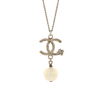 Chanel CC Clover Pearl Drop Pendant Necklace Metal and Faux Pearl