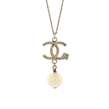 Chanel CC Clover Pearl Drop Pendant Necklace Metal and Faux Pearl