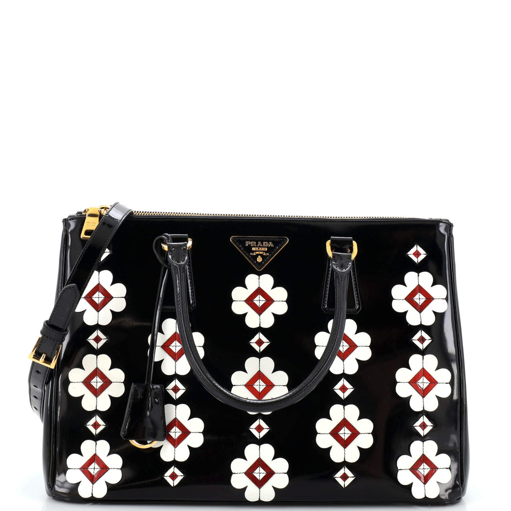 Prada Flowers Galleria Double Zip Tote Spazzolato Leather Medium