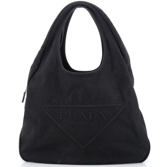 Prada Triangle Logo Zip Hobo Embossed Canvas Large