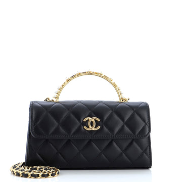 Chanel Logo and Pearl Top Handle Phone Holder with Chain Quilted Lambskin