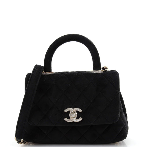 バッグ Chanel Velvet Jumbo Coco Mark Handbag Chanel Coco Top Handle Bag Quilted Velvet with Crystal Detail