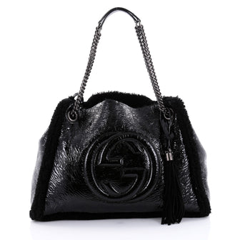 Gucci Soho Chain Strap Shoulder Bag Patent and Shearling Medium Black 2533003