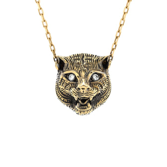 Gucci Le Marche Des Merveilles Feline Head Pendant Necklace 18K Yellow Gold with Onyx and Diamonds