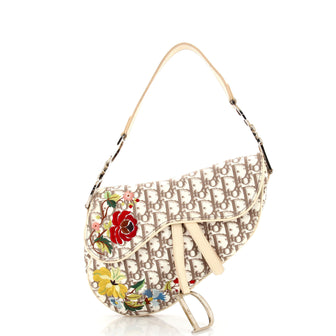 Christian Dior Vintage Saddle Shoulder Bag Embroidered Diorissimo Canvas Medium