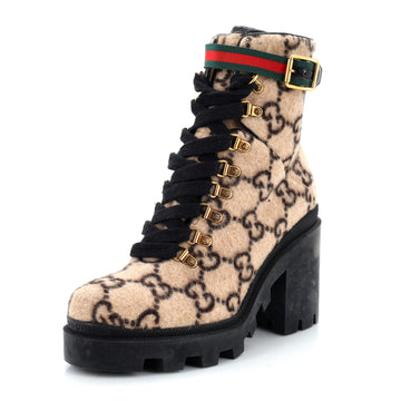 Gucci Women's Heeled Lace Up Combat Ankle Boots GG Wool