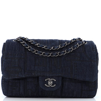 Chanel Perfume Bottle Classic Single Flap Bag Embroidered Denim Jumbo