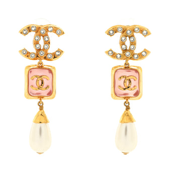 Chanel CC Square and Teardrop Dangle Earrings Metal with Crystals, Resin and Faux Pearls