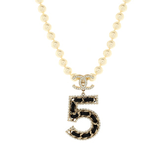 Chanel CC No.5 Woven Chain Pearl Strand Pendant Necklace Faux Pearls with Metal, Leather and Crystals