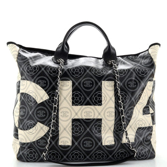 Chanel Logo Camellia Shopping Tote Printed Coated Canvas Medium
