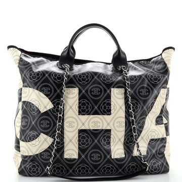 Chanel Logo Camellia Shopping Tote Printed Coated Canvas Medium