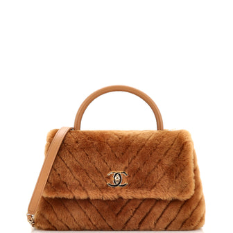 Chanel Coco Top Handle Bag Chevron Shearling Medium