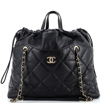 Chanel CC Drawstring Shopping Tote Quilted Lambskin Large