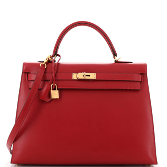Hermes Kelly Handbag Red Tadelakt with Gold Hardware 35