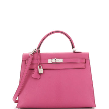 Hermes Kelly Handbag Pink Chevre de Coromandel with Palladium Hardware 32