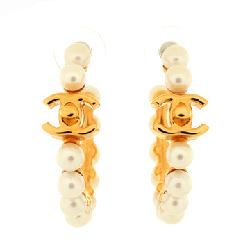 Chanel CC Turnlock Hoop Earrings Metal with Faux Pearls