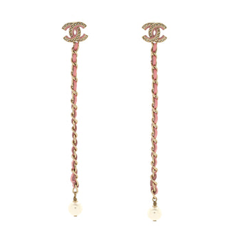 Chanel CC Chain Drop Earrings Metal with Leather and Faux Pearls