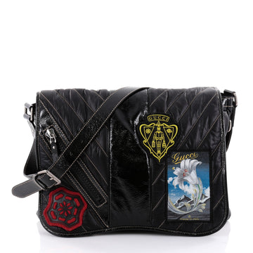 Gucci Messenger Bag Patch Embellished Quilted Nylon with Leather Medium Black 2539618