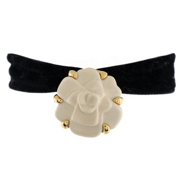 Chanel Camellia Choker Necklace Velvet Ribbon with 18K Yellow Gold and Agate