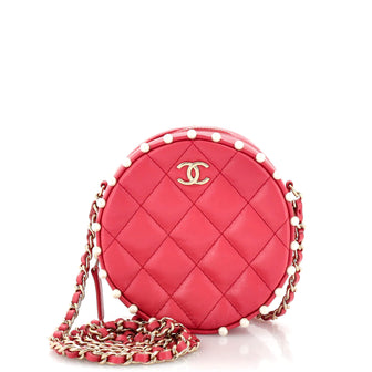 Round Clutch with Chain Quilted Calfskin with Pearl Detail