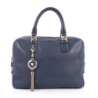 Versace Vanitas Zip Satchel Pebbled Leather Medium Blue 2542801