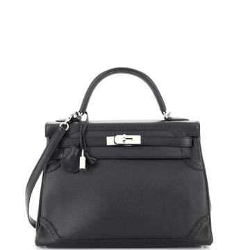 Hermes Kelly Ghillies Handbag Black Grain d'H and Swift with Palladium Hardware 32