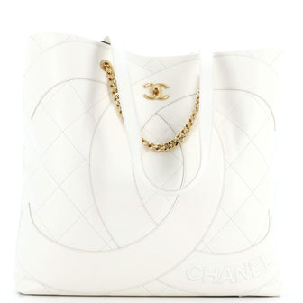 Chanel Embossed Logo Shopping Tote Quilted Leather Large