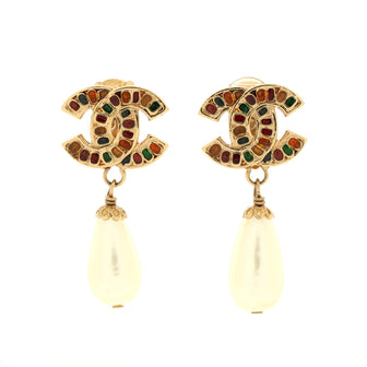 Chanel CC Drop Earrings Metal with Enamel and Faux Pearls
