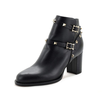 Valentino Garavani Women's Rockstud Buckle Block Heel Ankle Boots Leather