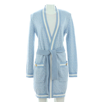 Balmain Women's Monogram Belted Long Open Cardigan Jacquard Wool Blend