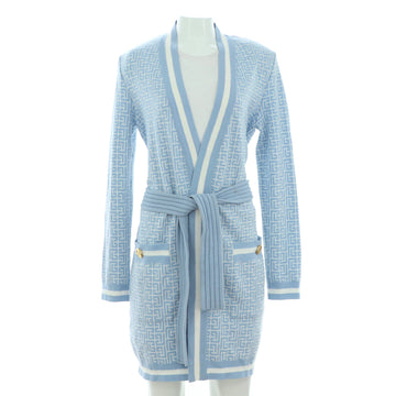 Balmain Women's Monogram Belted Long Open Cardigan Jacquard Wool Blend