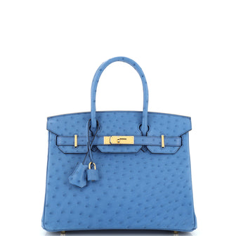 Hermes Birkin Handbag Blue Ostrich with Gold Hardware 30
