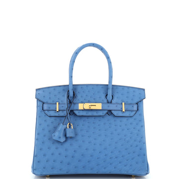 Hermes Birkin Handbag Blue Ostrich with Gold Hardware 30