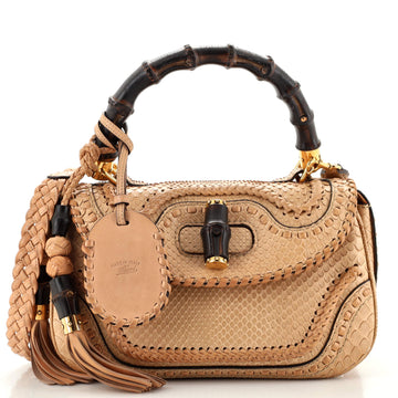 Gucci New Convertible Bamboo Top Handle Bag Braided Crocodile Medium