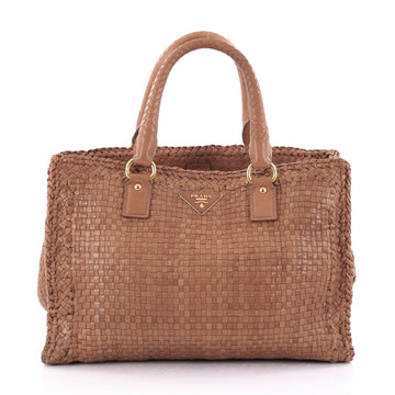 Prada Madras Convertible Open Tote Woven Leather Small Brown 2559701