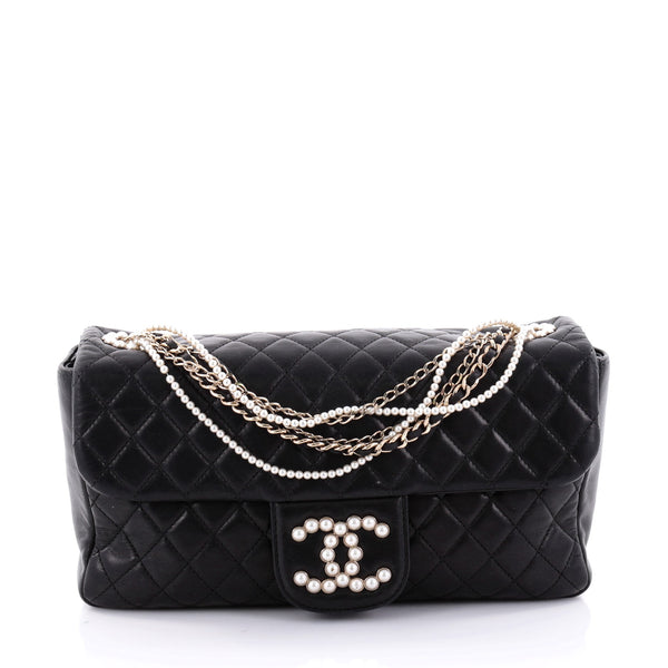 WOMENS DESIGNER Chanel black quilted lambskin medium westminster pearl flap  bag